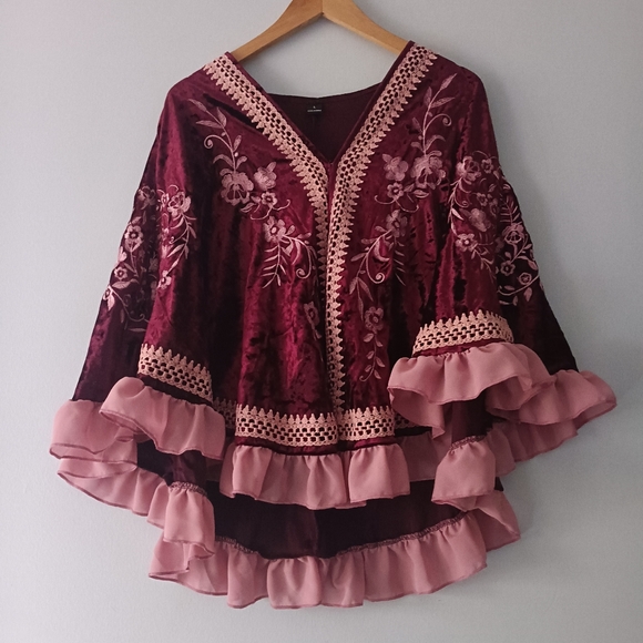 unbranded Sweaters - Unbranded Burgundy Velvet Floral Embroidered Ruffle Trim Poncho Romantic Style L